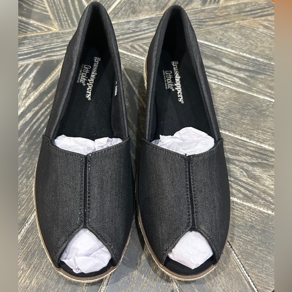 Grasshoppers Black Denim Wedge Slip On Keds Comfort Casual Shoes Size 9.5